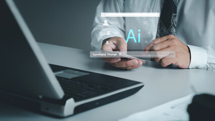 Navigating Digital Transformation. Businessman leverages AI technology to navigate through complex global networks, enhancing business strategies with digital intelligence, AI, Machine learning.