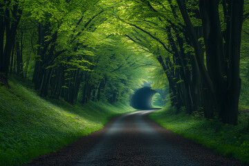 Obraz premium An isolated road in the woods heading to a tunnel