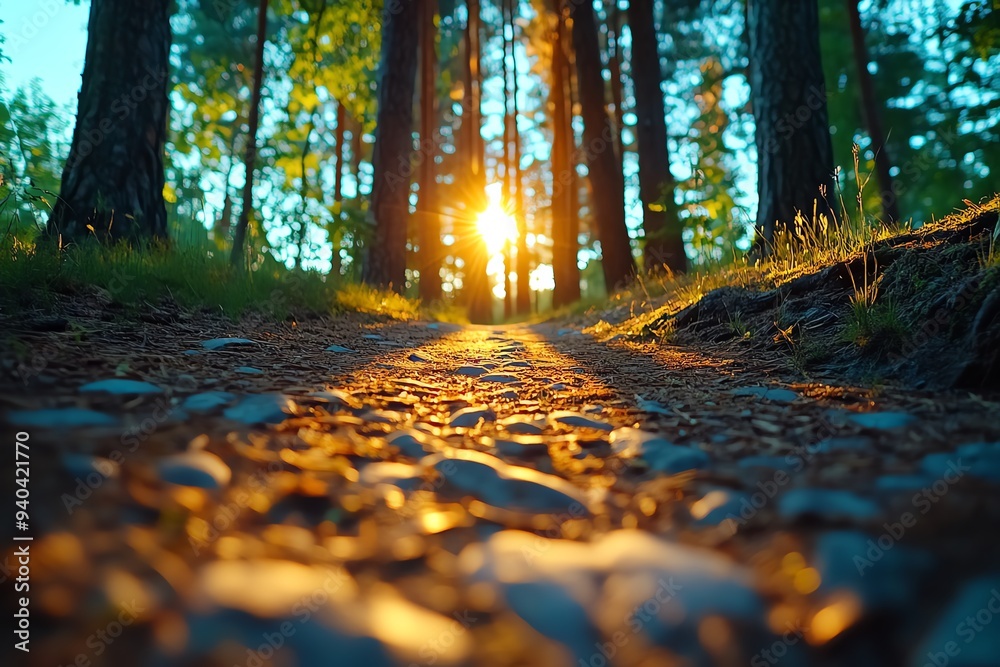 Poster A warm, nostalgic scene of amber light filtering through the trees at dusk, casting long shadows across a quiet forest path