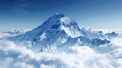 Obraz premium Breathtaking snow-capped mountain peak emerging from a sea of clouds, set against a serene blue sky. Perfect for nature, adventure, and travel themes showcasing natural beauty.