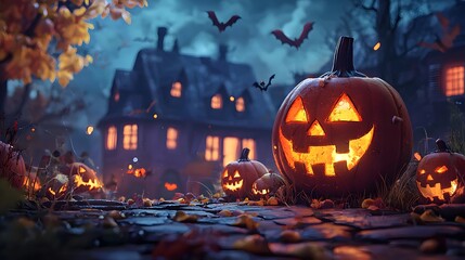 Fototapeta premium Spooky Halloween scene with glowing jack-o'-lanterns and a haunted house backdrop.