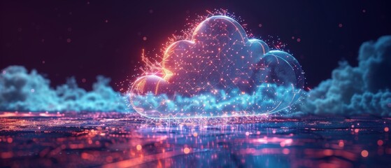 Futuristic Hologram of Cloud Computing Network with Glowing Digital Connections on White Background