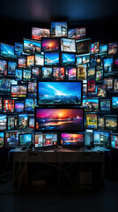 Fototapeta premium generated illustration a large wall with running monitors