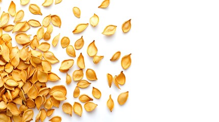 41. A few dried squash seeds scattered on a white background