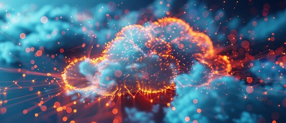 Fototapeta premium Futuristic Holographic Cloud Computing Network in with Luminous Data Paths on White Background