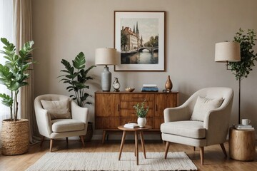 Stylish composition of modern cozy living room interior with structure painting, beige armchair, wooden vintage commode and personal accessories