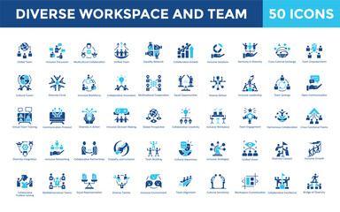 Diverse workspace and team icon set with global team, inclusive discussion, multicultural collaboration, unified team, equality network, collaborative growth icon. Simple flat vector 

