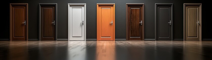 A selection of stylish doors in various colors and designs, showcasing modern interior aesthetics and architectural choices.