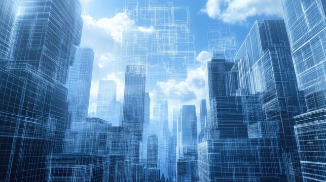 Futuristic cityscape with digital blueprints overlay