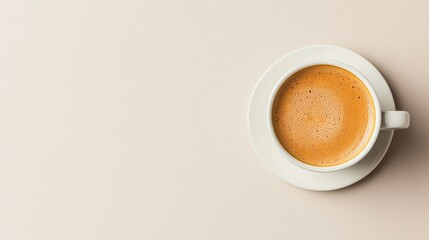 Fototapeta premium Top view of a French au lait in a white cup, arranged with plenty of room for text on a neutral backdrop.