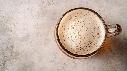 Top view of a German stein of beer with foam arranged with room