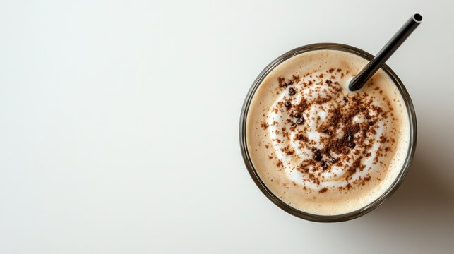 Top view of a Greek frappa coffee with a straw, arranged with room for text on a clean background.