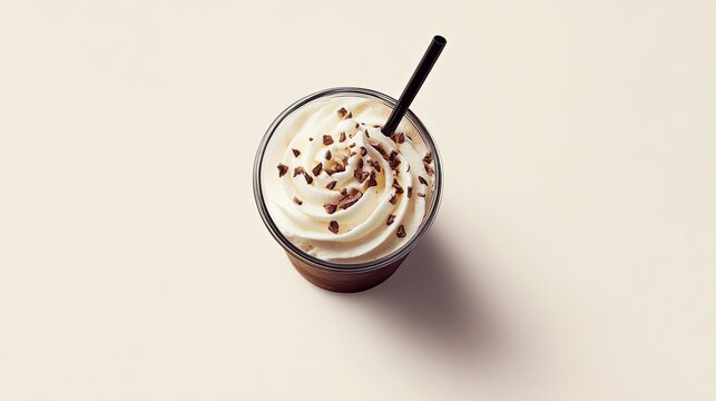 Top view of a Greek frappa coffee with a straw, arranged with room for text on a clean background.