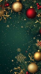 Festive Holiday Banner: Elegant Christmas Symbols on Green Background. Golden Tree, Ornaments, and Snowflakes for Seasonal Marketing. Luxurious Square Design with Red Accents for Winter Promotions and