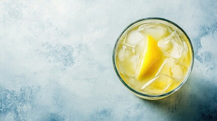 Top view of an Italian glass of limoncello with ice, with ample copy space on a plain backdrop.