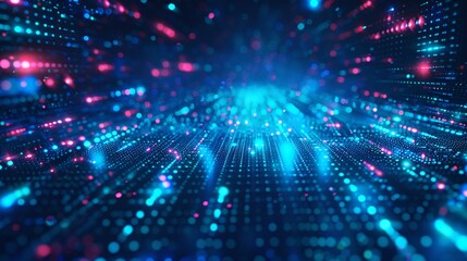 Naklejka premium 3. Digital grid pattern with glowing blue pixelated text BLACK FRIDAY, dark digital background, cyberpunk style, arcade font, neon light effect, technology theme, 8-bit aesthetic, retro futuristic