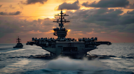An aircraft carrier sails across the ocean at sunset, accompanied by a naval escort, creating a powerful and serene scene of military strength and maritime operations.