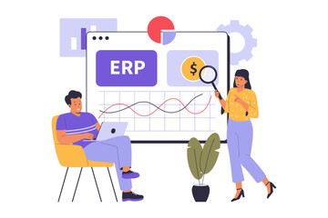 ERP Enterprise resource planning illustration concept. Illustration for websites, landing pages, mobile applications, posters and banners. Trendy flat vector illustration