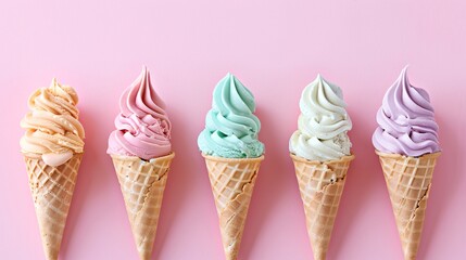 1. Five colorful ice cream cones in a row, pastel background, pink strawberry, beige vanilla, peach, lavender, and turquoise flavors, waffle cones, soft serve style, minimalist composition, studio