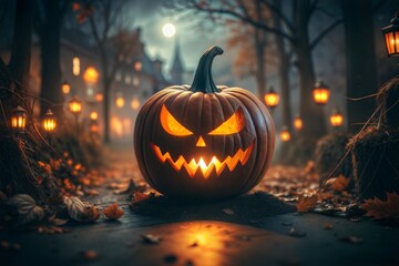 Enchanting Halloween Night with Glowing Jack o' Lantern in Spooky Forest