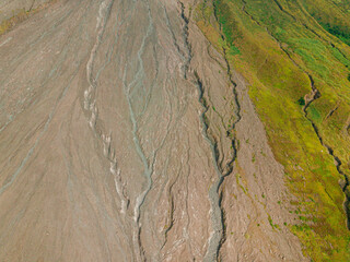 Aerial drone view of Mount Sinabung at Berastagi in North Sumatra, Indonesia.