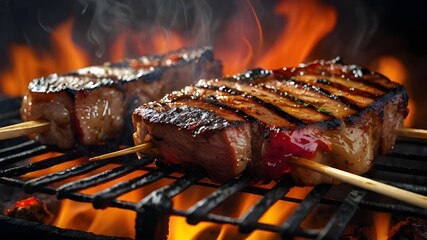 Traditional BBQ Cooking, Realistic Roasted Steaks and Kebab, Grilled Party Food Illustration





