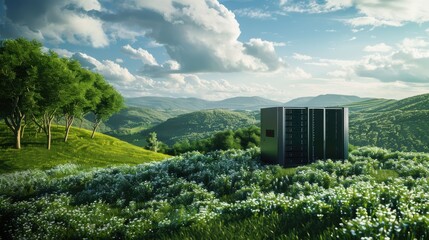 Cloud server farm in a serene green landscape, blending technology with nature, cloud computing, eco-friendly tech