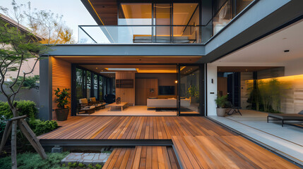  A modern luxury home featuring an open patio with sleek glass walls, large windows, and a wooden deck. The outdoor area blends seamlessly with the stylish interior, showcasing contemporary architectu
