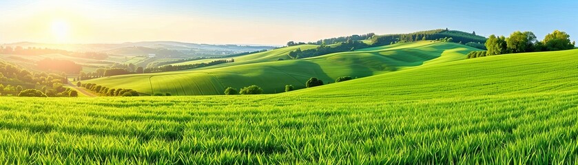 Obraz premium Rolling hills of farmland at sunrise, golden light, lush green fields, Rolling agricultural hills at sunrise, Serenity