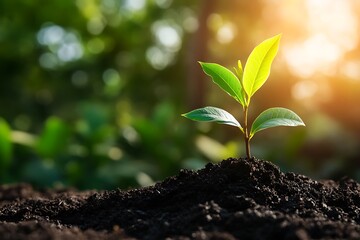 Green Sprout Growing in Soil with Sunlight