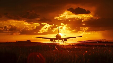 Obraz premium Airplane Landing at Sunset