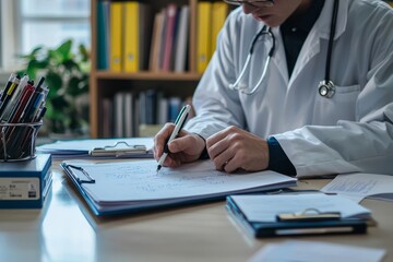 A medical researcher is writing up findings in a research paper at a desk in their study. The desk is cluttered with refer, Generative AI