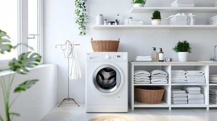 Bright and minimalist laundry room featuring open shelving, a washing machine, and potted plants. The clean, organized space is filled with natural light and a touch of greenery.