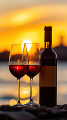 Sunset Wine Glasses and Bottle with City View