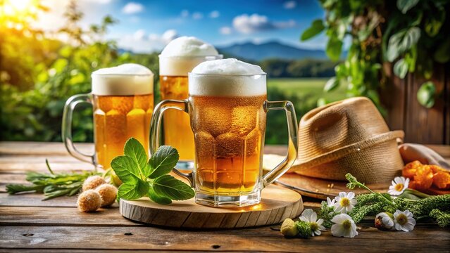Ice-cold beer glasses filled with frothy brews and garnishes sit on a rustic wooden table, surrounded by summer vibes and refreshing treats.