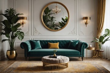 Luxury interior with stylish velvet sofa, wooden commode, pouf, plants, carpet, gold decoration, copy space and elegant personal accessories