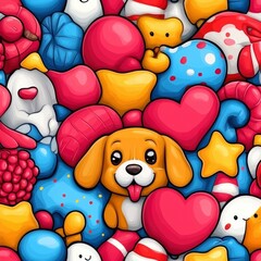 Obraz premium Cute Doodle Cartoon Seamless Pattern with Puppy and Hearts