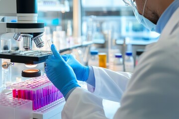 Fototapeta premium A medical researcher is testing a new diagnostic tool in a clinical laboratory. The researcher is reviewing test results and, Generative AI 