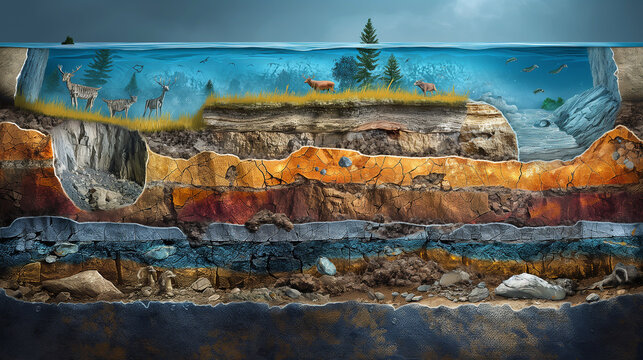 Fossil Layers: Creates an image that shows the layers of sedimentary rock that contain fossils, as seen in the geological fossil record.