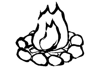 筆タッチの焚火のモノクロ線画イラスト
