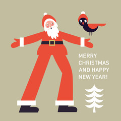 Christmas Card, Seasons greetings theme, cute Santa and bird, vector illustration in minimalist style  © LenLis