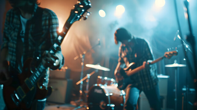 A rock band rehearses energetically on stage, with band members playing their instruments under dramatic blue and orange lighting, capturing the intensity of the moment.