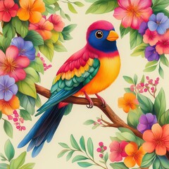 Obraz premium Colorful Bird Perched on Branch with Flowers