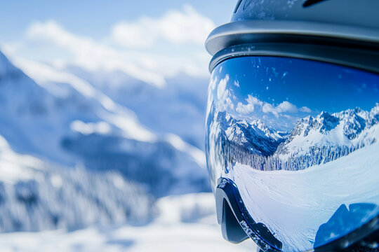 Close up of ski goggles reflecting snow-covered mountains. A mountain range in the reflection