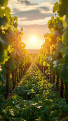 Fototapeta premium Bright Vineyard with Green Grass