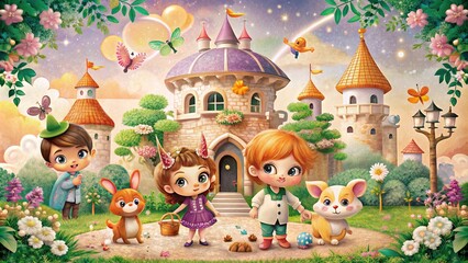 Fototapeta premium In this vibrant realm of wonder, fantastical creatures frolic and flutter, where curiosity blooms like flowers, and imagination knows no bounds, in a world of pure delight.
