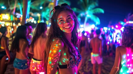 a young woman enjoying herself at a Full Moon Party in Pattaya. She is surrounded by the energetic crowd, with neon lights and glowing body paint visible on her and others.