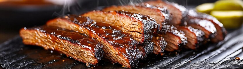 Sizzling grilled meat with smokey glaze, perfect for barbecue enthusiasts. A mouthwatering dish full of flavor and tenderness.