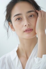 Beautiful asian woman with clean fresh skin on soft-focus background, hand on face.