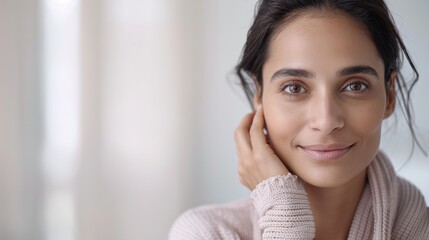 Beautiful India woman with clean fresh skin on soft-focus background, hand on face.